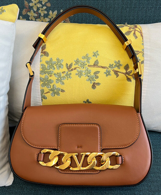Valentino Vlogo Chain Shoulder Bag In Calfskin Coffee