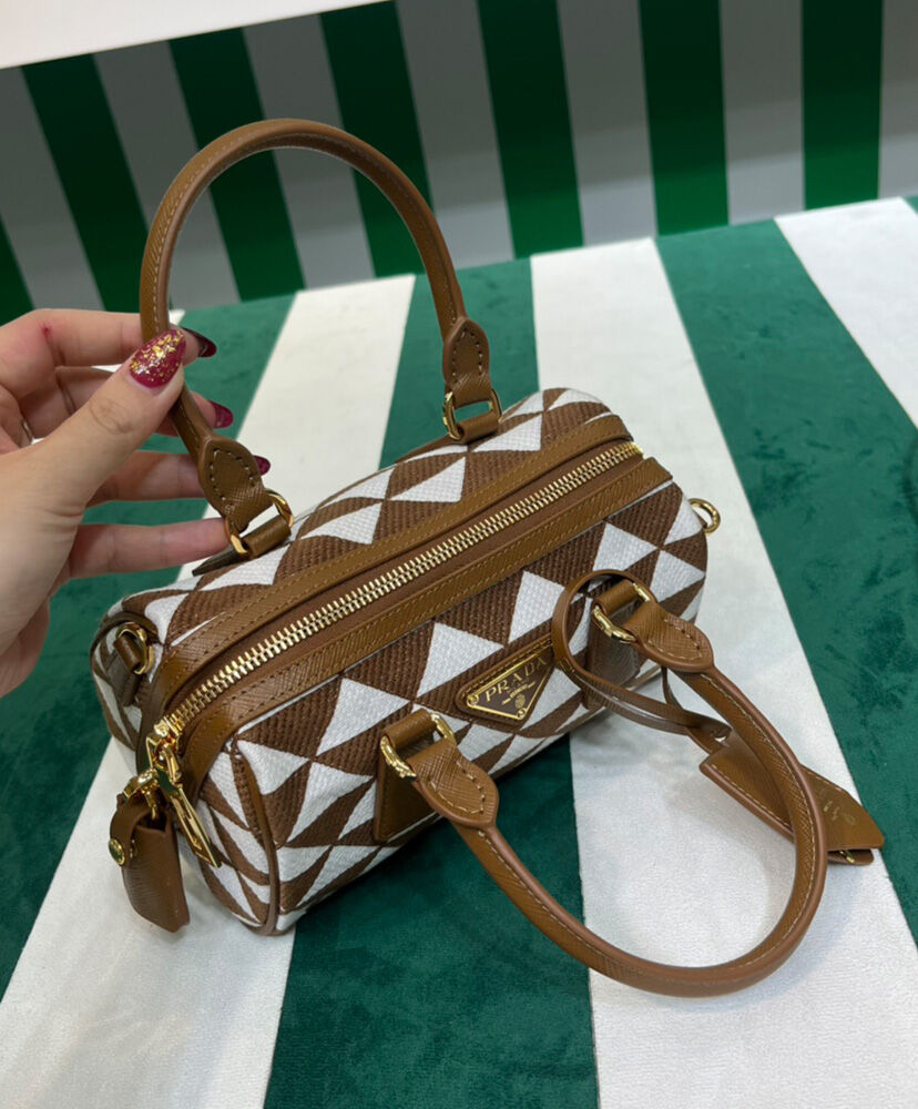 Prada Symbole Embroidered Jacquard Fabric Top-handle Bag Coffee