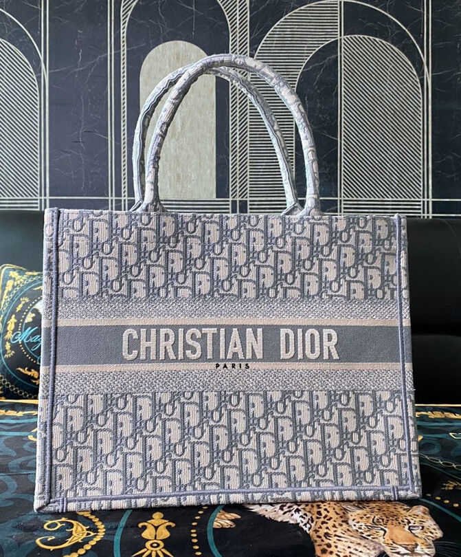 Christian Dior Small Book Tote With Dior Oblique Embroidery Gray