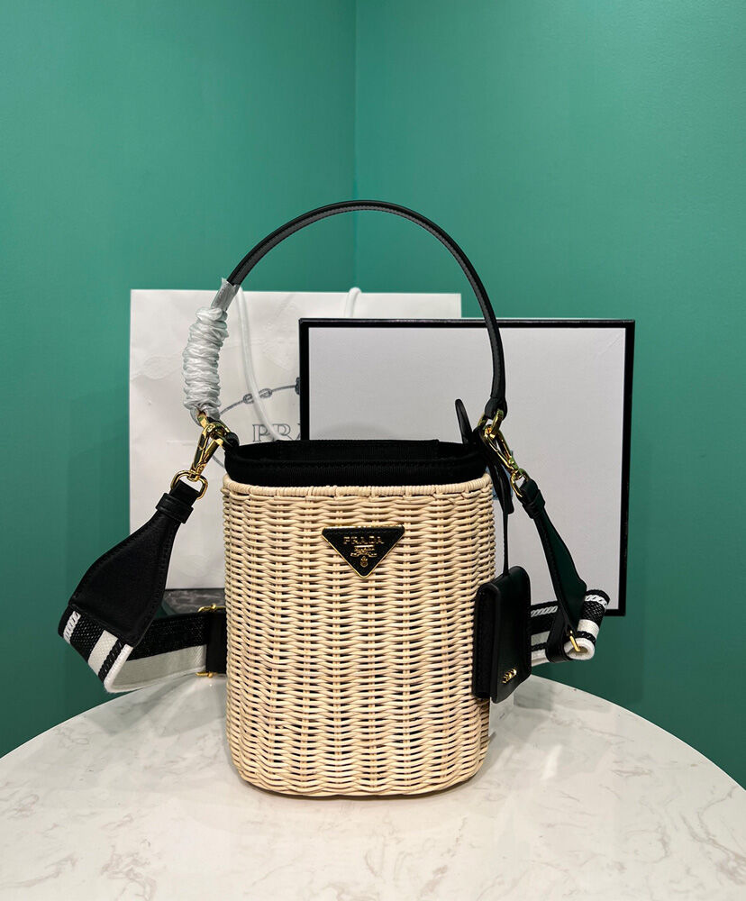 Prada Wicker And Canvas Bucket Bag 1BE062 Black