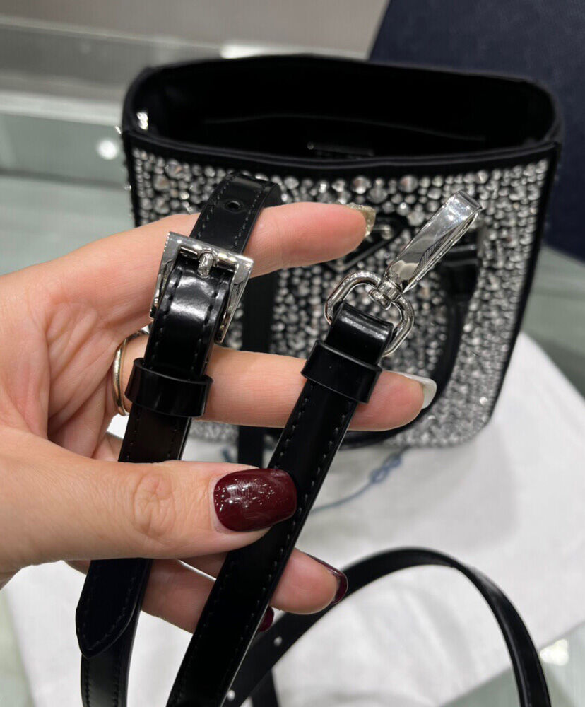 Prada Small crystal-studded satin tote bag 1BA331 Black