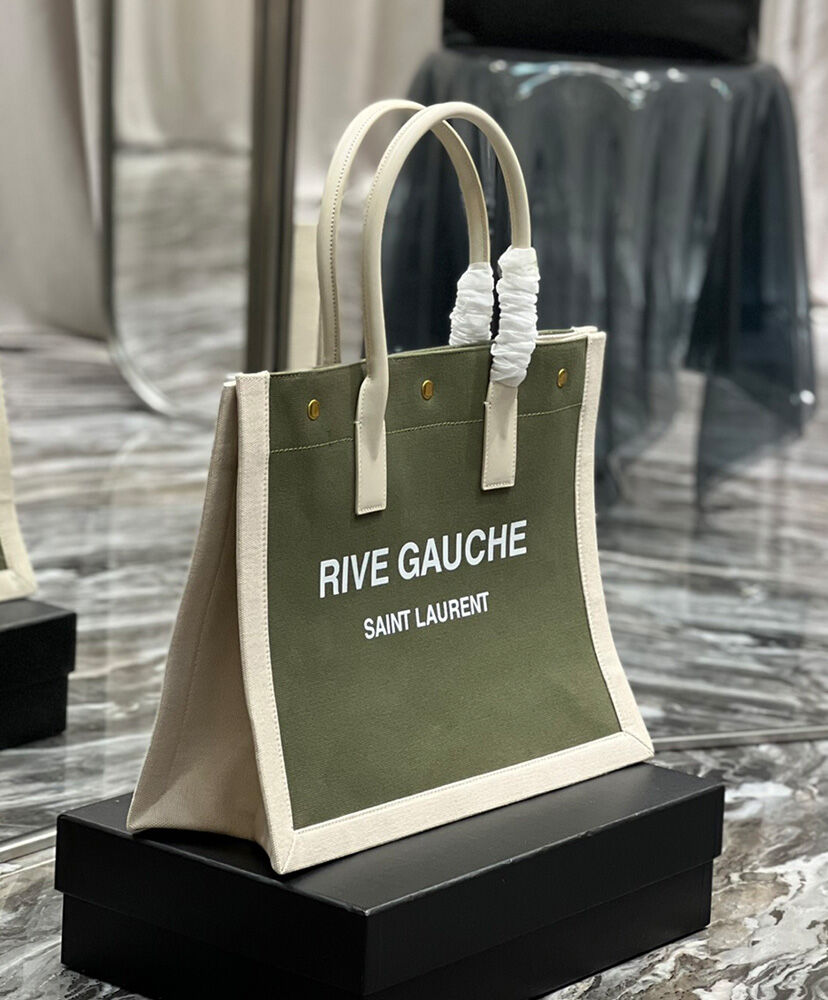 Saint Laurent Rive Gauche Small Tote Bag In Linen And Leather Green