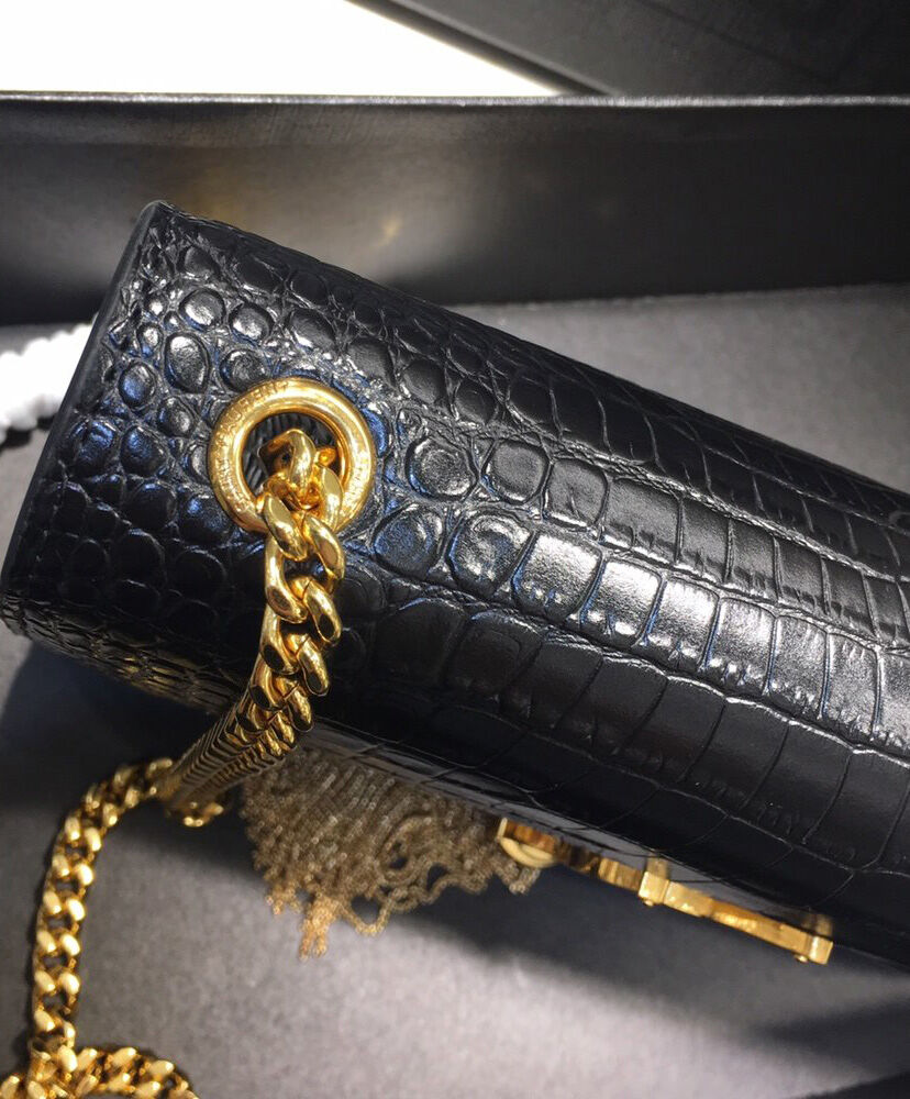 Saint Laurent Kate Small With Tassel In Embossed Crocodile Shiny Leather Black