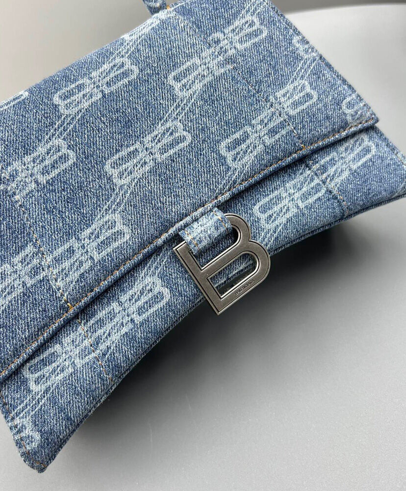 Balenciaga BB Monogram Hourglass Small Bleached Denim Tote Blue