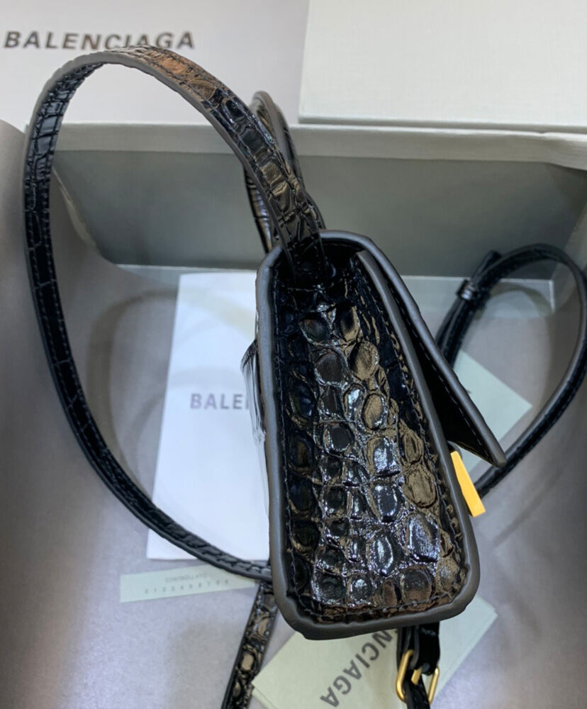 Balenciaga Hourglass Mini Handbag With Chain Crocodile Embossed Black