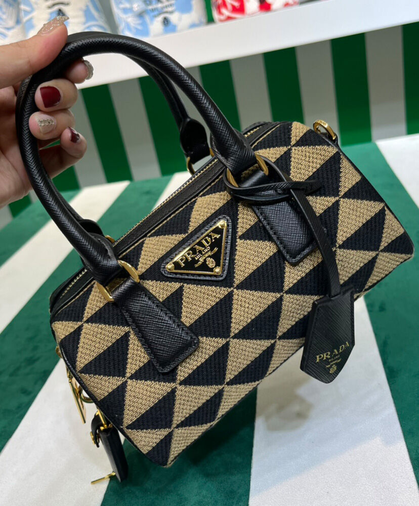 Prada Symbole Embroidered Jacquard Fabric Top-handle Bag Black