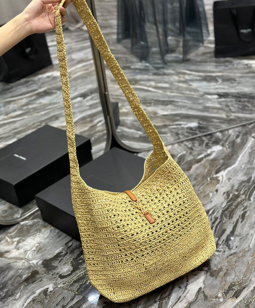 Saint Laurent Hobo Raffia Bag In Crochet And Smooth Leather Apricot