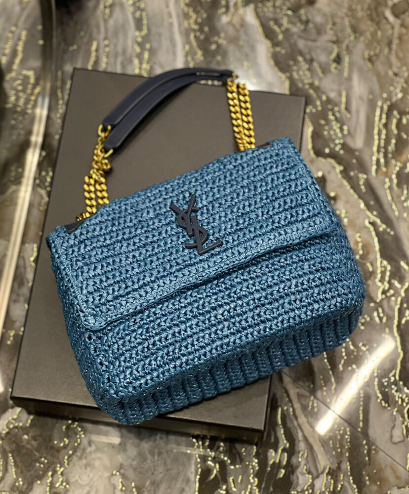 Saint Laurent Niki Medium Chain Bag In Raffia And Leather Blue