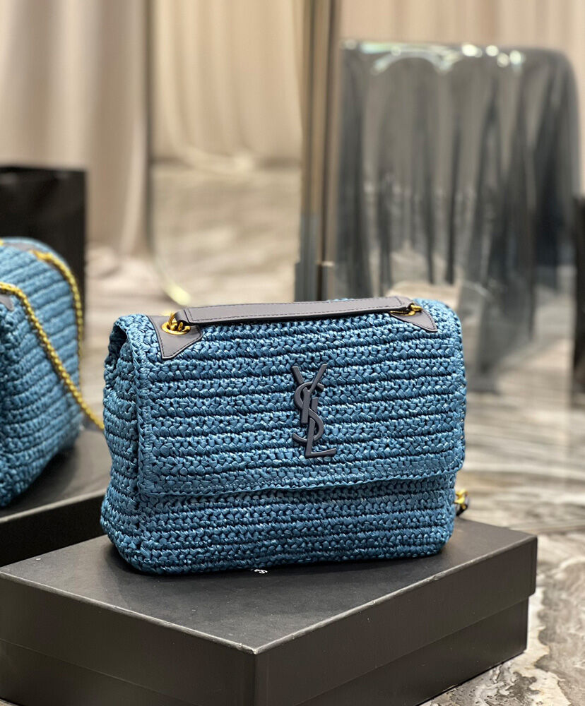 Saint Laurent Niki Medium Chain Bag In Raffia And Leather Blue