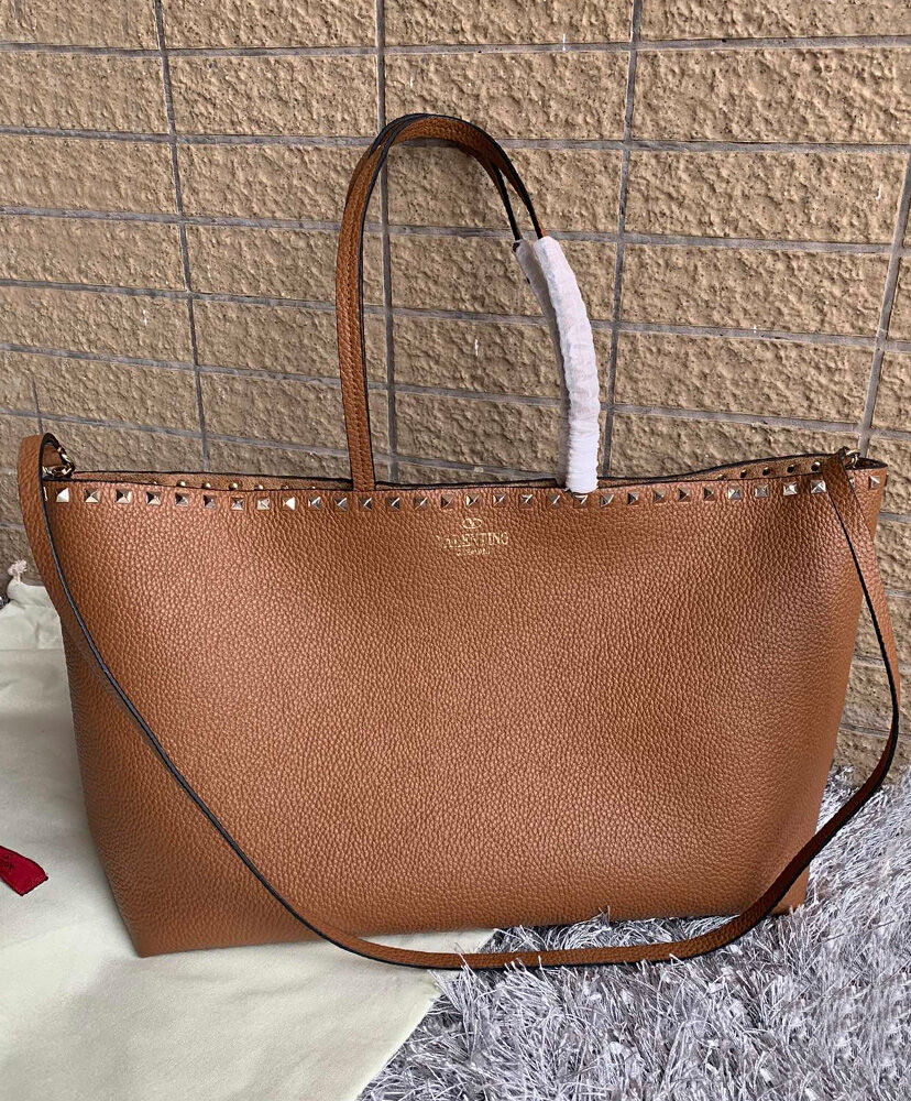 Valentino Large Calfskin Leather Rockstud Shopping Bag Coffee