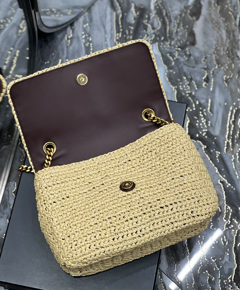 Saint Laurent Niki Medium Chain Bag In Raffia And Leather Apricot