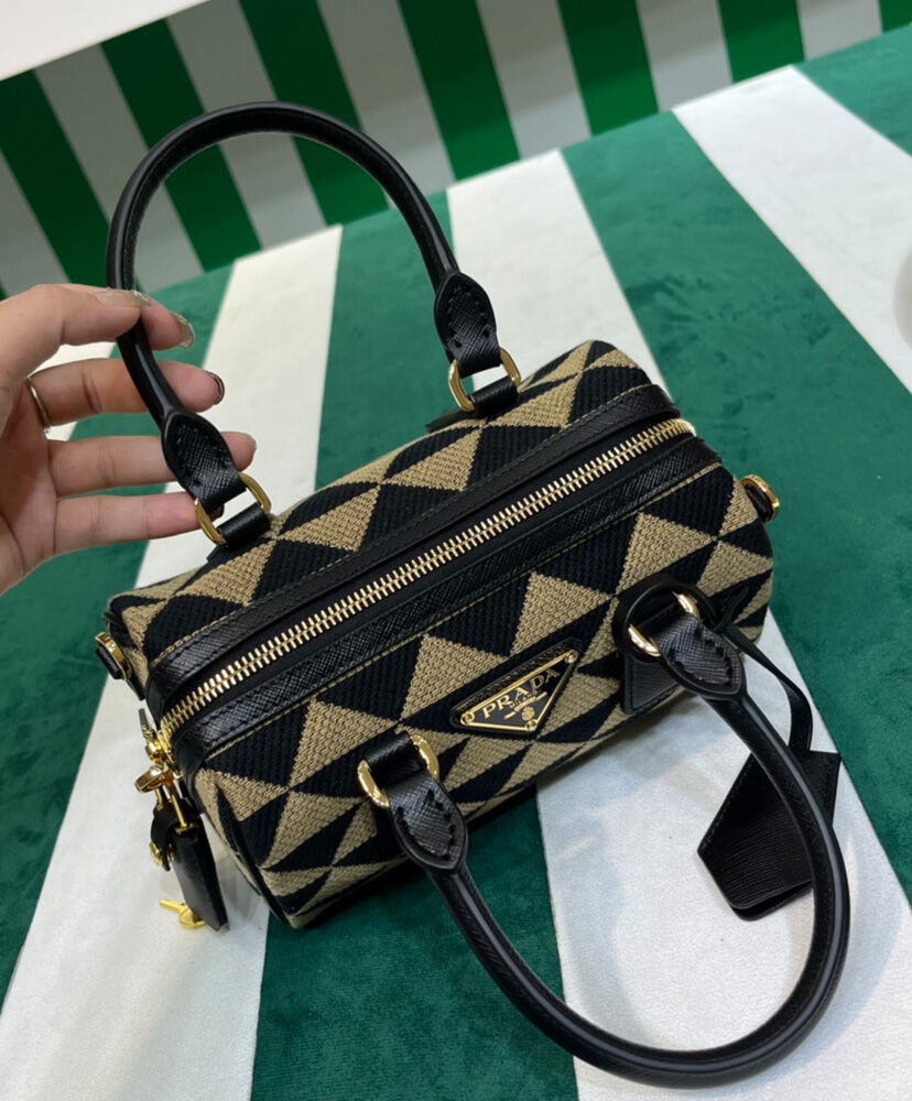 Prada Symbole Embroidered Jacquard Fabric Top-handle Bag Black