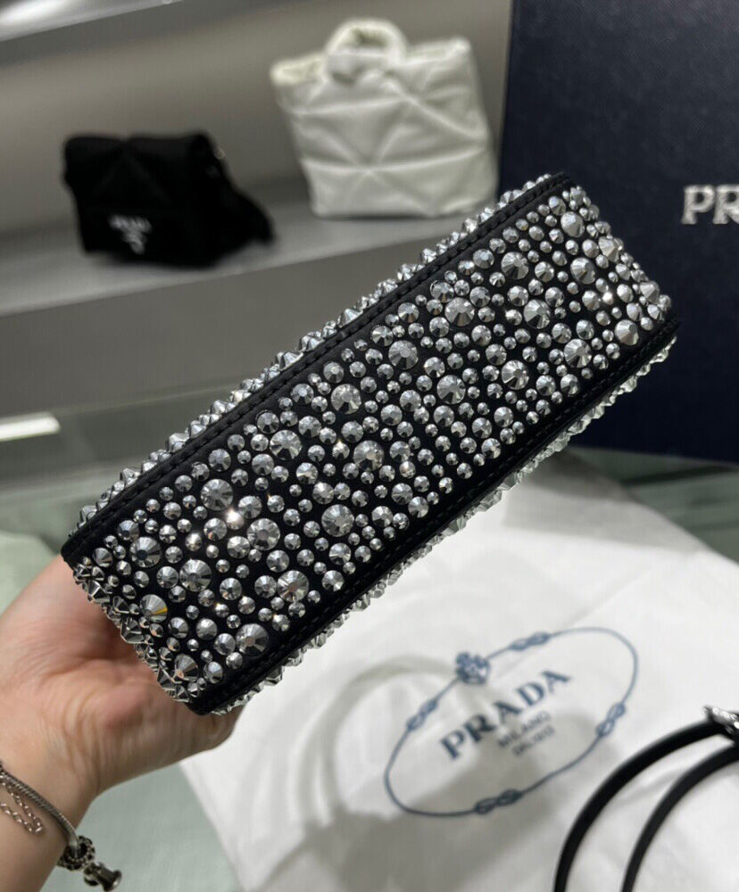 Prada Small crystal-studded satin tote bag 1BA331 Black