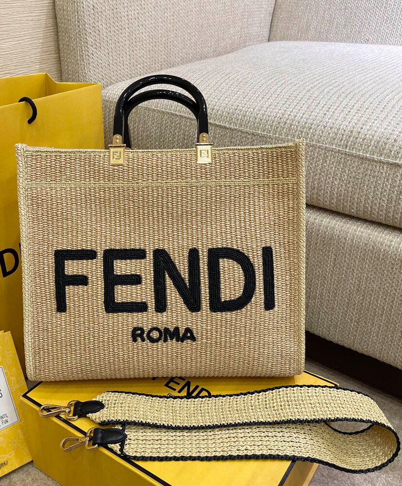 Fendi Medium Embroidered Straw Tote Bag Apricot