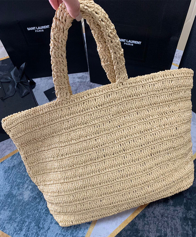 Saint Laurent Rive Gauche Supple Tote Bag In Raffia Crochet Apricot