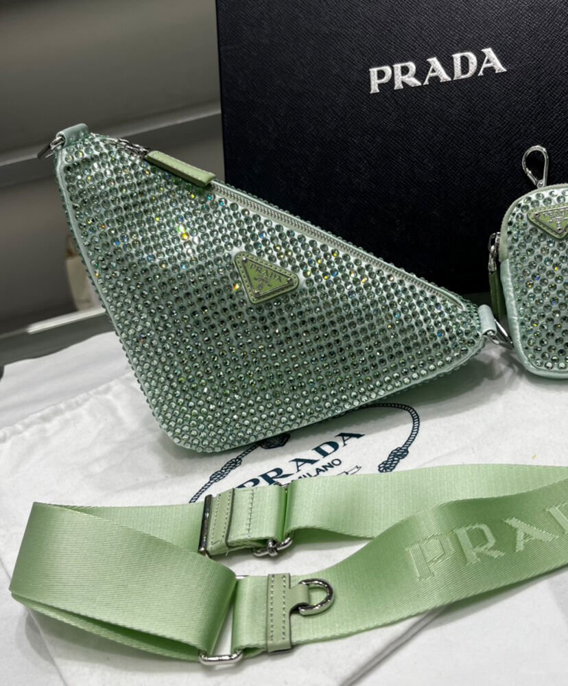 Prada Crystal-studded Satin Pouch 1NQ044 Green