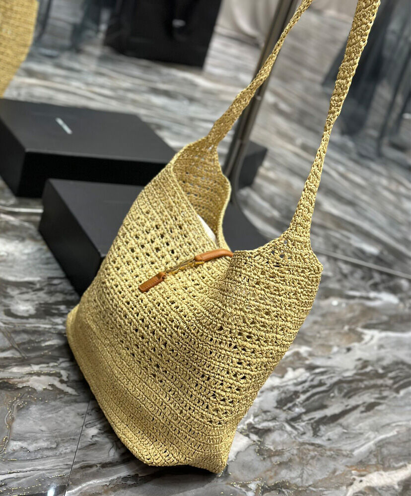 Saint Laurent Hobo Raffia Bag In Crochet And Smooth Leather Apricot