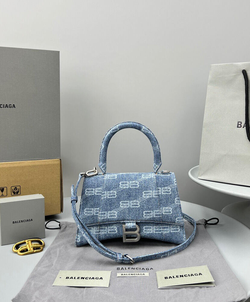 Balenciaga BB Monogram Hourglass Small Bleached Denim Tote Blue