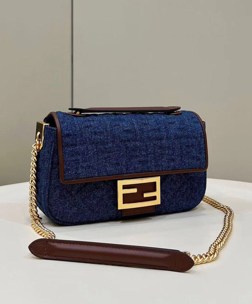 Fendi Baguette Chain Midi Denim Bag 8BR793 Blue
