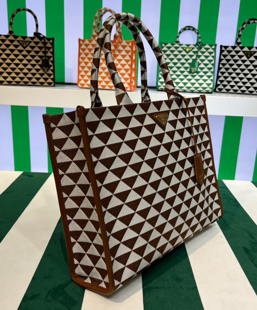 Prada Large Prada Symbole Jacquard Fabric Handbag Coffee