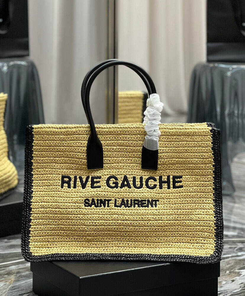 Saint Laurent Rive Gauche Tote Bag In Raffia And Leather Apricot