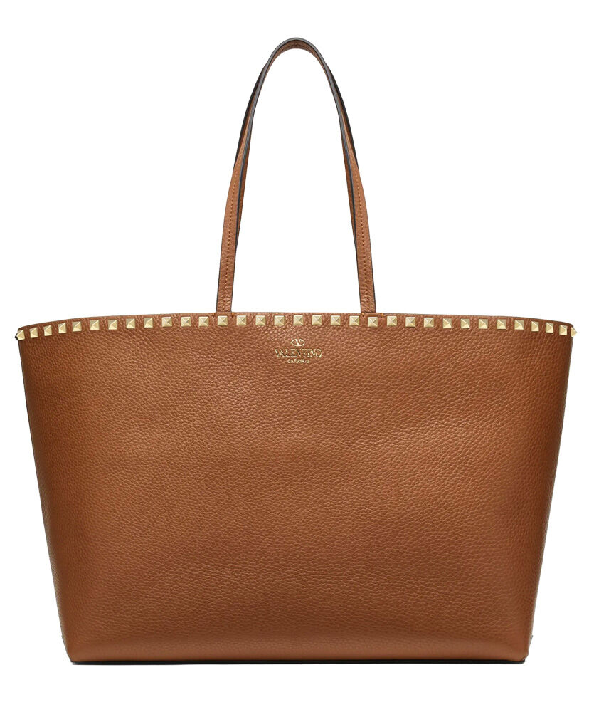 Valentino Large Calfskin Leather Rockstud Shopping Bag Coffee