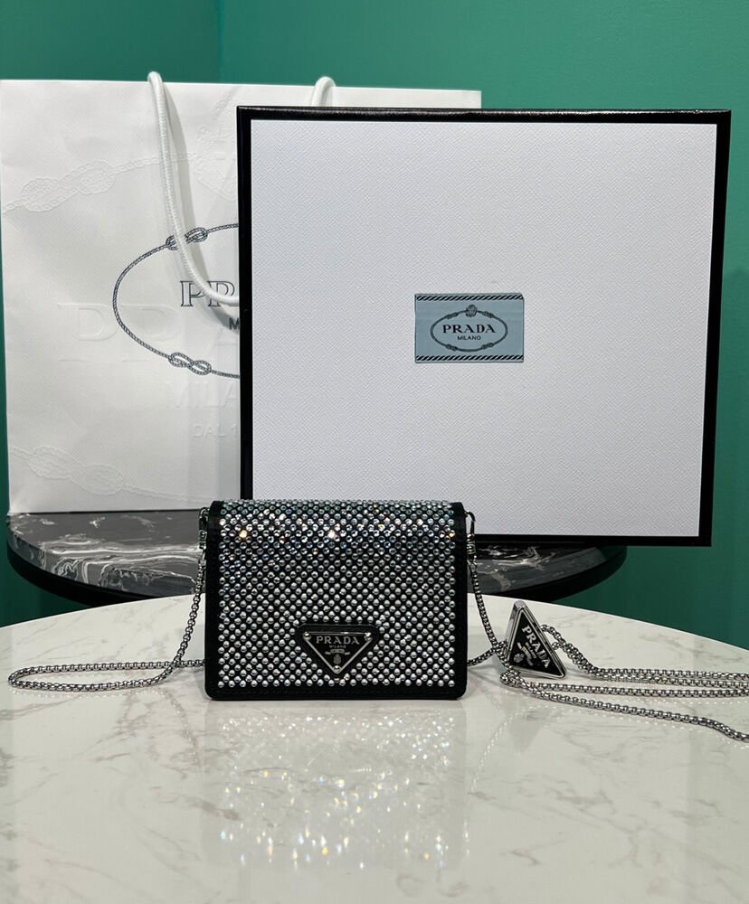 Prada Cardholder With Shoulder Strap And Crystals Black