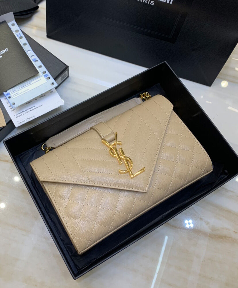 Saint Laurent Envelope Small Bag In Mix Quilted Grain De Poudre Embossed Leather Apricot