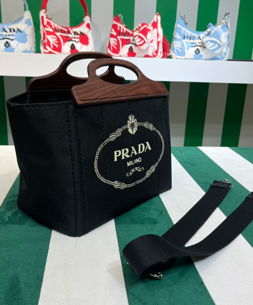 Prada Wooden Handle Canvas Tote Bag Black