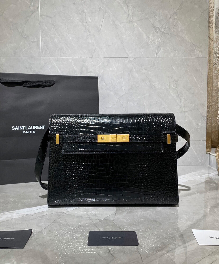 Saint Laurent Manhattan Shoulder Bag In Crocodile-embossed Shiny Leather 579271 Black