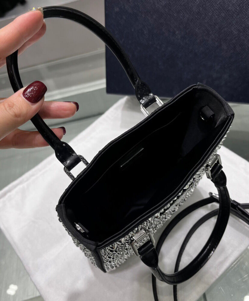 Prada Small crystal-studded satin tote bag 1BA331 Black