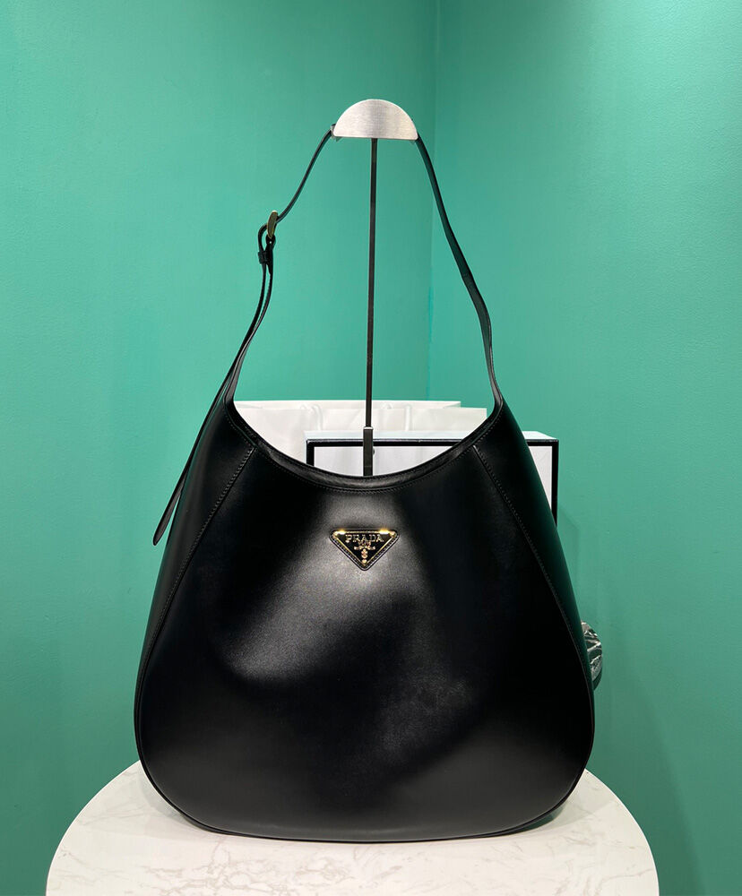 Prada Large Leather Shoulder Bag With Topstitching 1BC181 Black