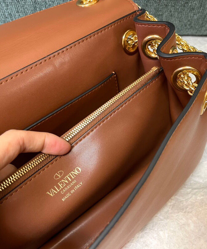 Valentino Stud Sign Nappa Shoulder Bag Coffee