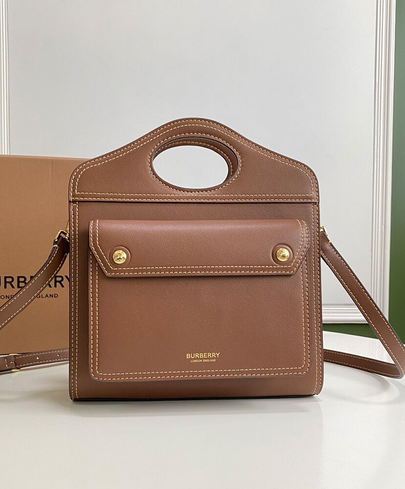 Burberry Mini Topstitch Detail Leather Pocket Bag Coffee