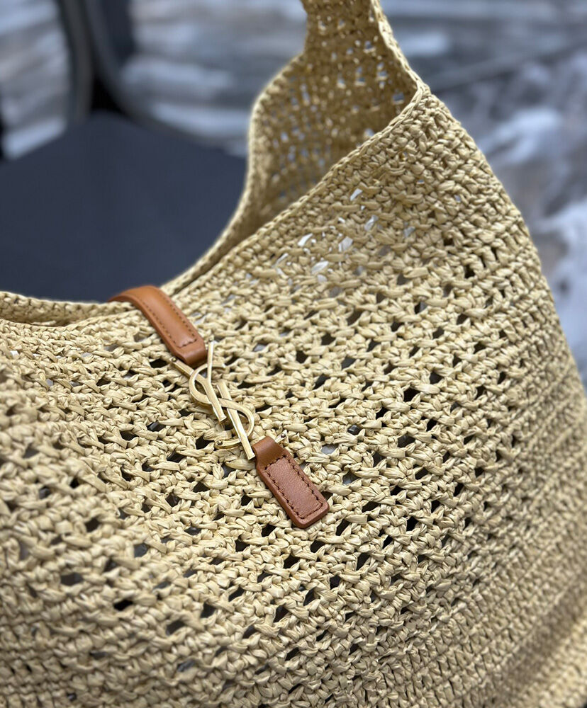 Saint Laurent Hobo Raffia Bag In Crochet And Smooth Leather Apricot