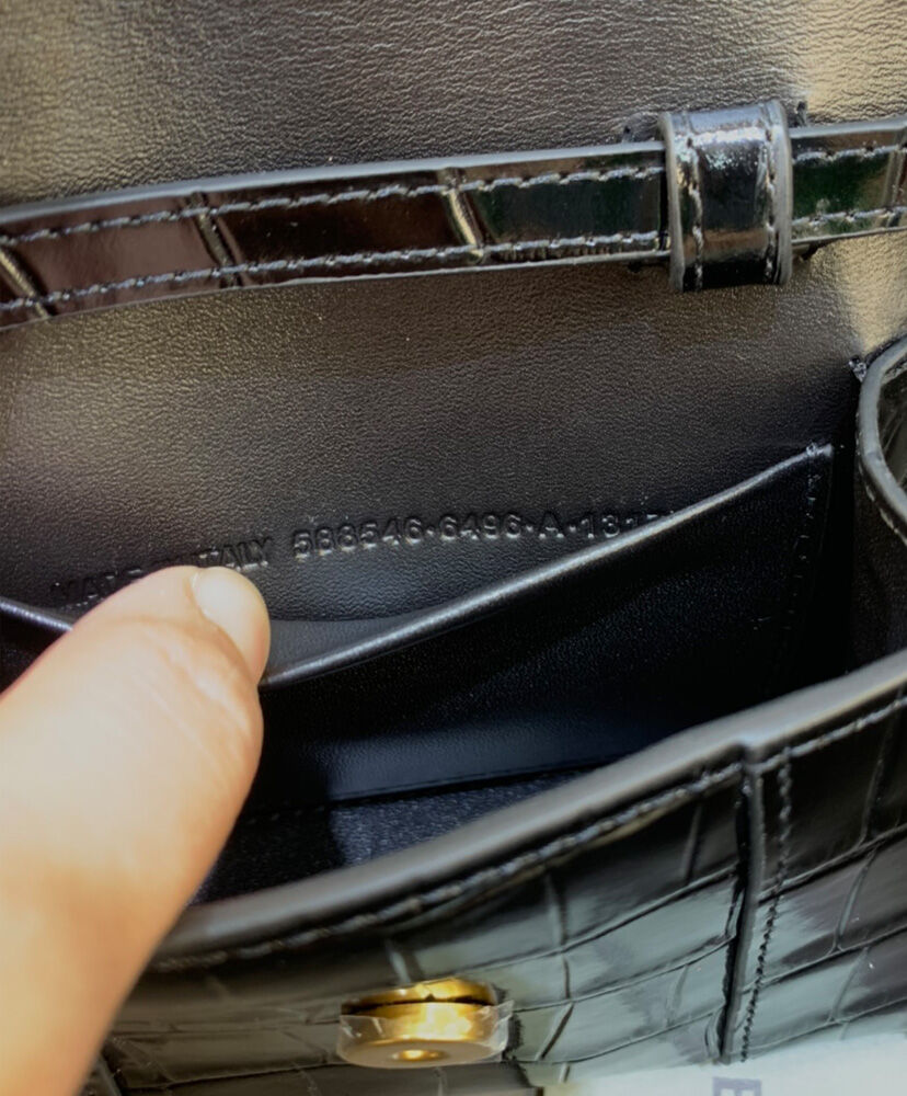 Balenciaga Hourglass Mini Handbag With Chain Crocodile Embossed Black