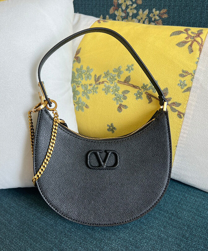 Valentino Logo Signature Mini Hobo Bag In Shiny Calfskin Black