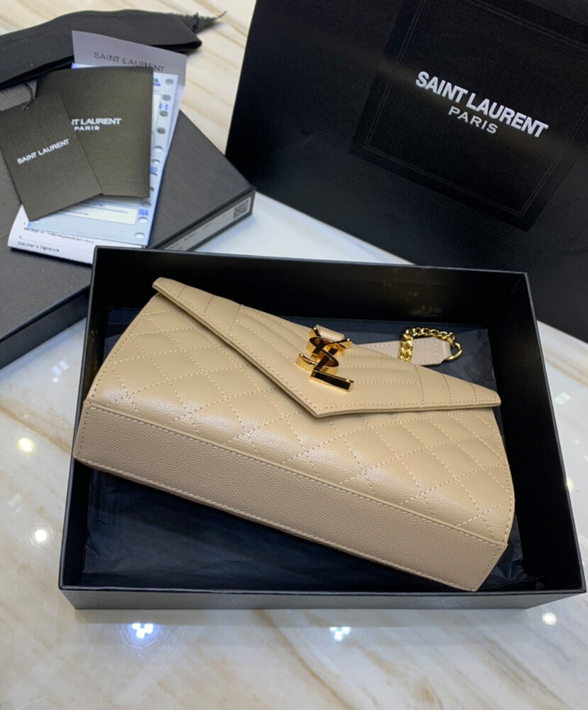 Saint Laurent Envelope Small Bag In Mix Quilted Grain De Poudre Embossed Leather Apricot