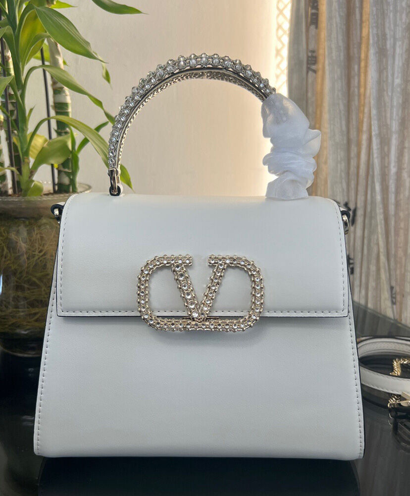 Valentino Small Vsling Calfskin Handbag With Jewel Handle Cream