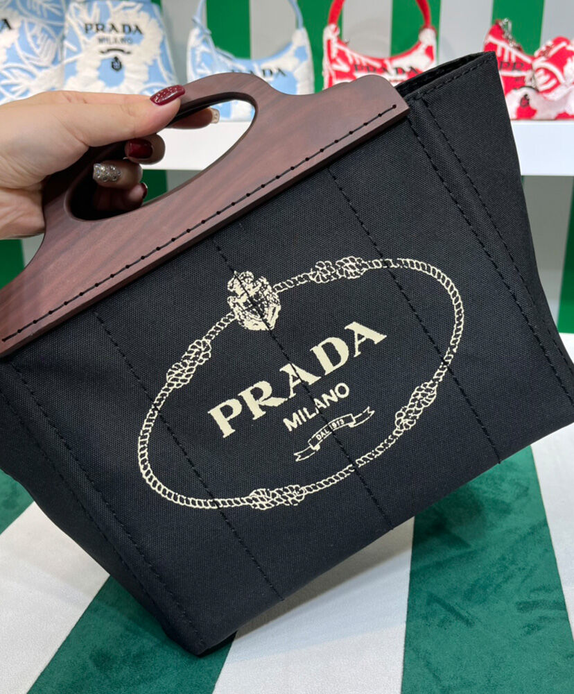 Prada Wooden Handle Canvas Tote Bag Black