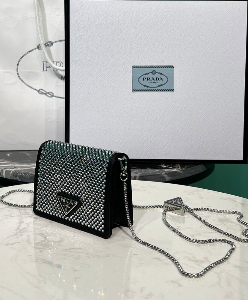 Prada Cardholder With Shoulder Strap And Crystals Black