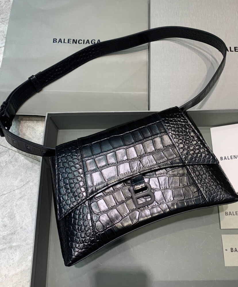 Balenciaga Downtown Small Shoulder Bag With Chain Crocodile Embossed Black