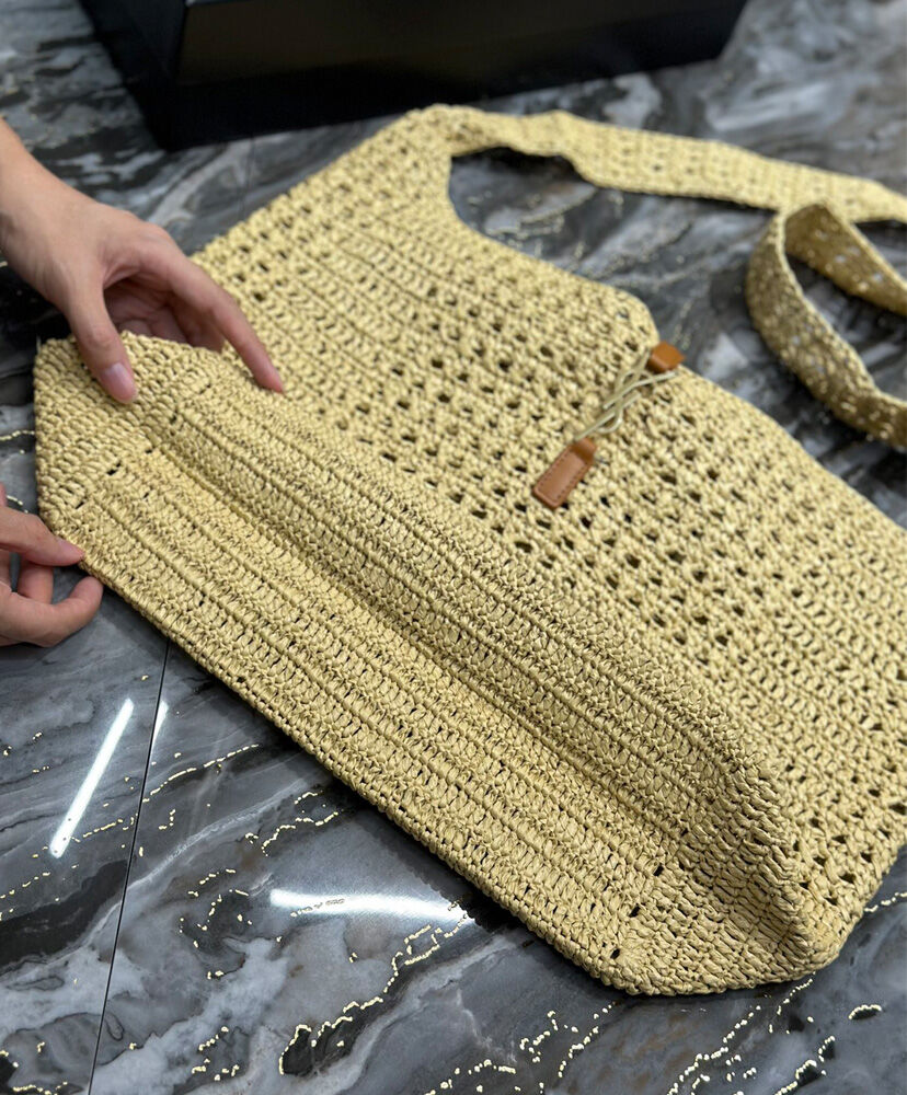 Saint Laurent Hobo Raffia Bag In Crochet And Smooth Leather Apricot