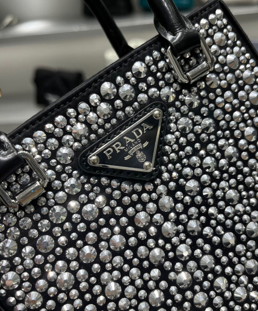 Prada Small crystal-studded satin tote bag 1BA331 Black