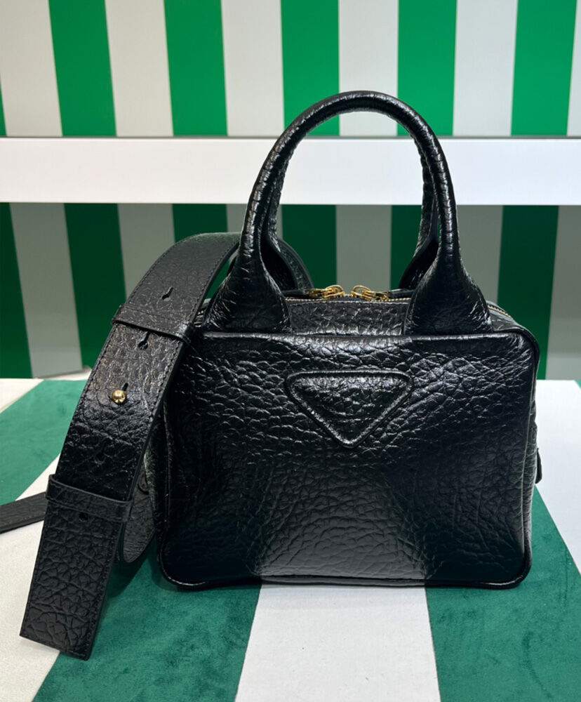 Prada Logo Pebble Leather Tote Bag 1BB0881 Black