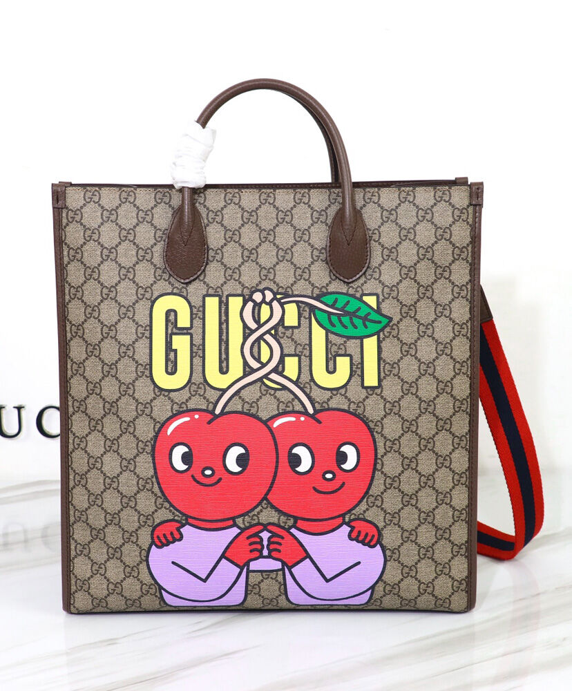 Gucci Cherry Print Medium Tote 703264 Dark Coffee