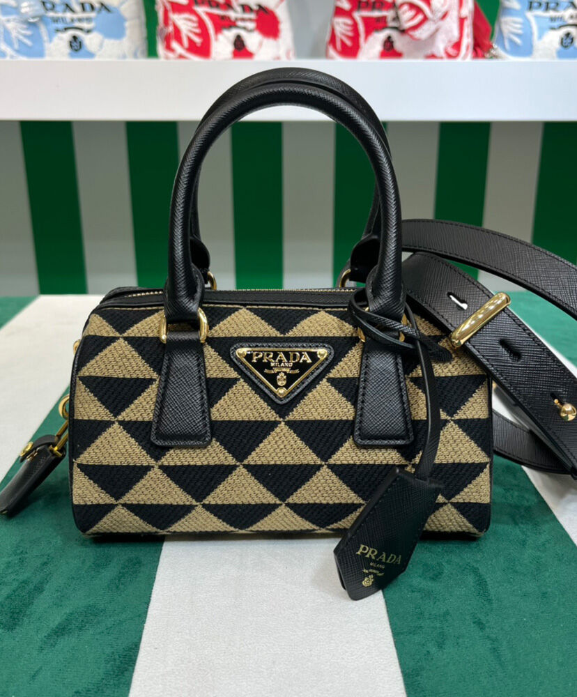 Prada Symbole Embroidered Jacquard Fabric Top-handle Bag Black