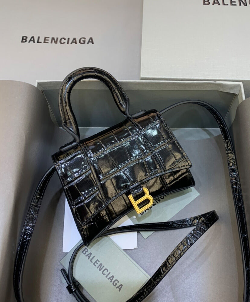 Balenciaga Hourglass Mini Handbag With Chain Crocodile Embossed Black