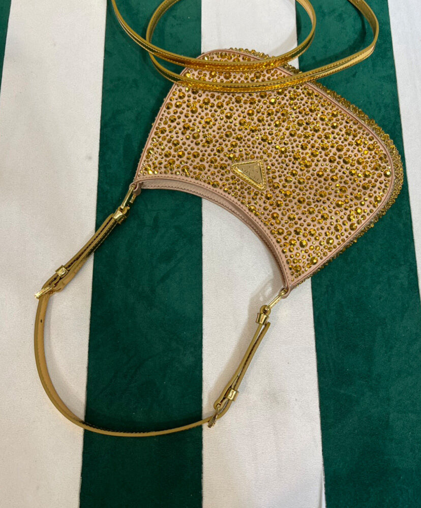 Prada Cleo Satin Bag With Crystals 1BC169 Golden