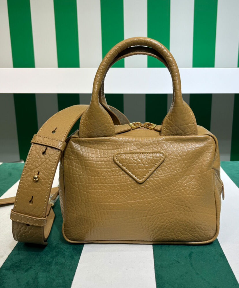 Prada Logo Pebble Leather Tote Bag 1BB0881 Apricot